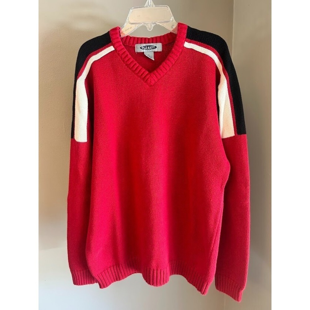 Vintage Old Navy Colorblock Stripe V-Neck Sweater Men's M Red Black 100%‎ Cotton